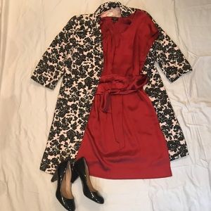 Talbots red silk shift dress with long wrap belt